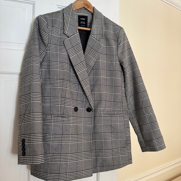 Gray Oversized cotton on Plaid Double-Breasted Blazer - Picture 1 of 6